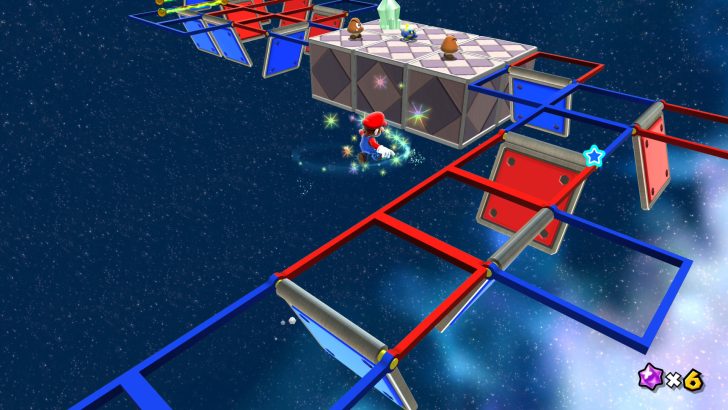 Super Mario Galaxy gameplay showing Mario jumping on colorful platforms in space with x6 star points indicated.