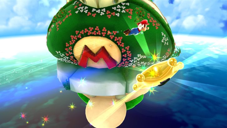 Super Mario character in space with a golden starship near a green planet featuring a large red M.