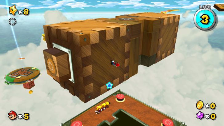 Super Mario Galaxy gameplay showing Mario on a wooden platform with LIFE 3 on screen.