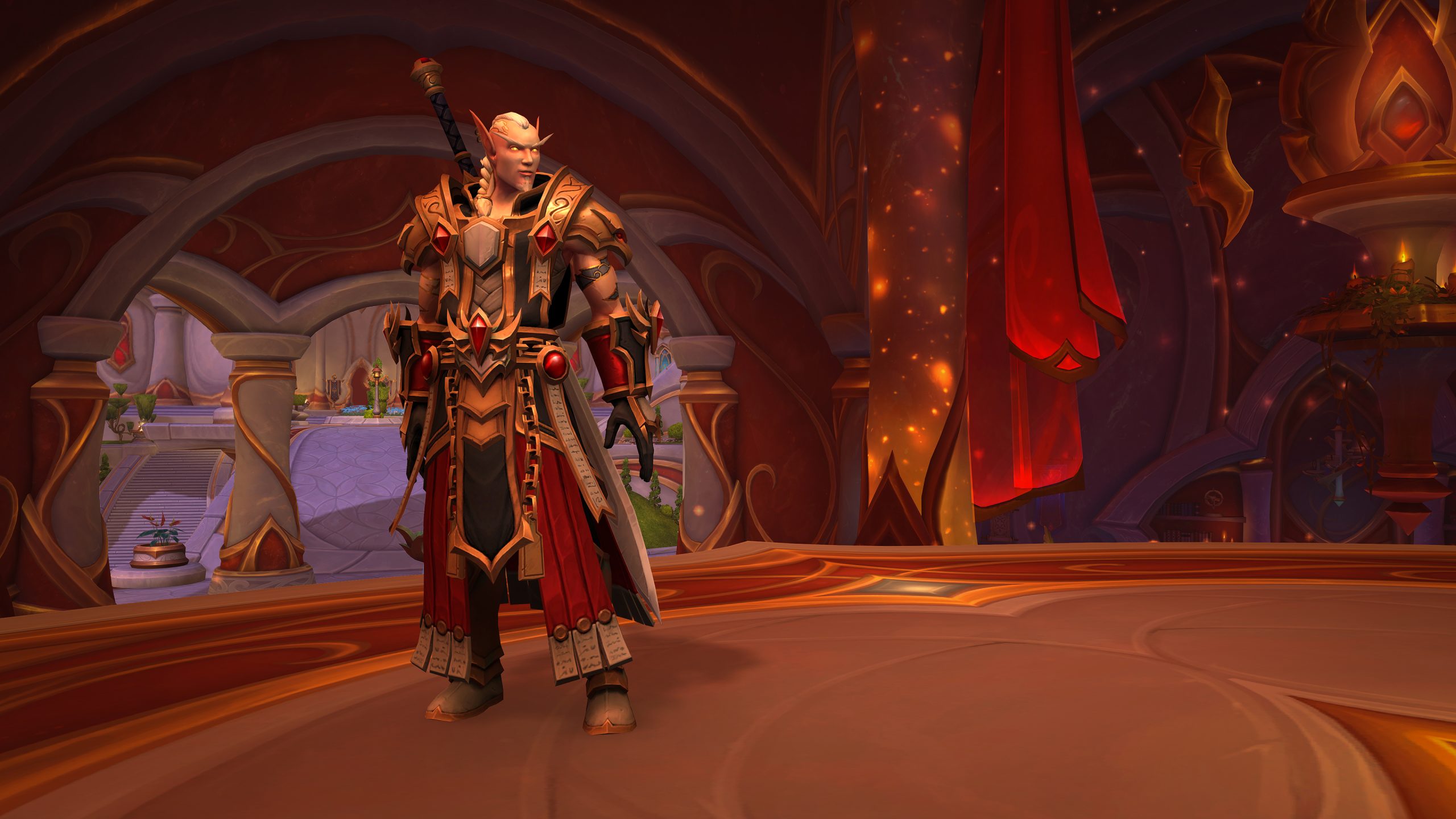 A character in ornate armor stands in a grand, glowing hall in a fantasy setting.