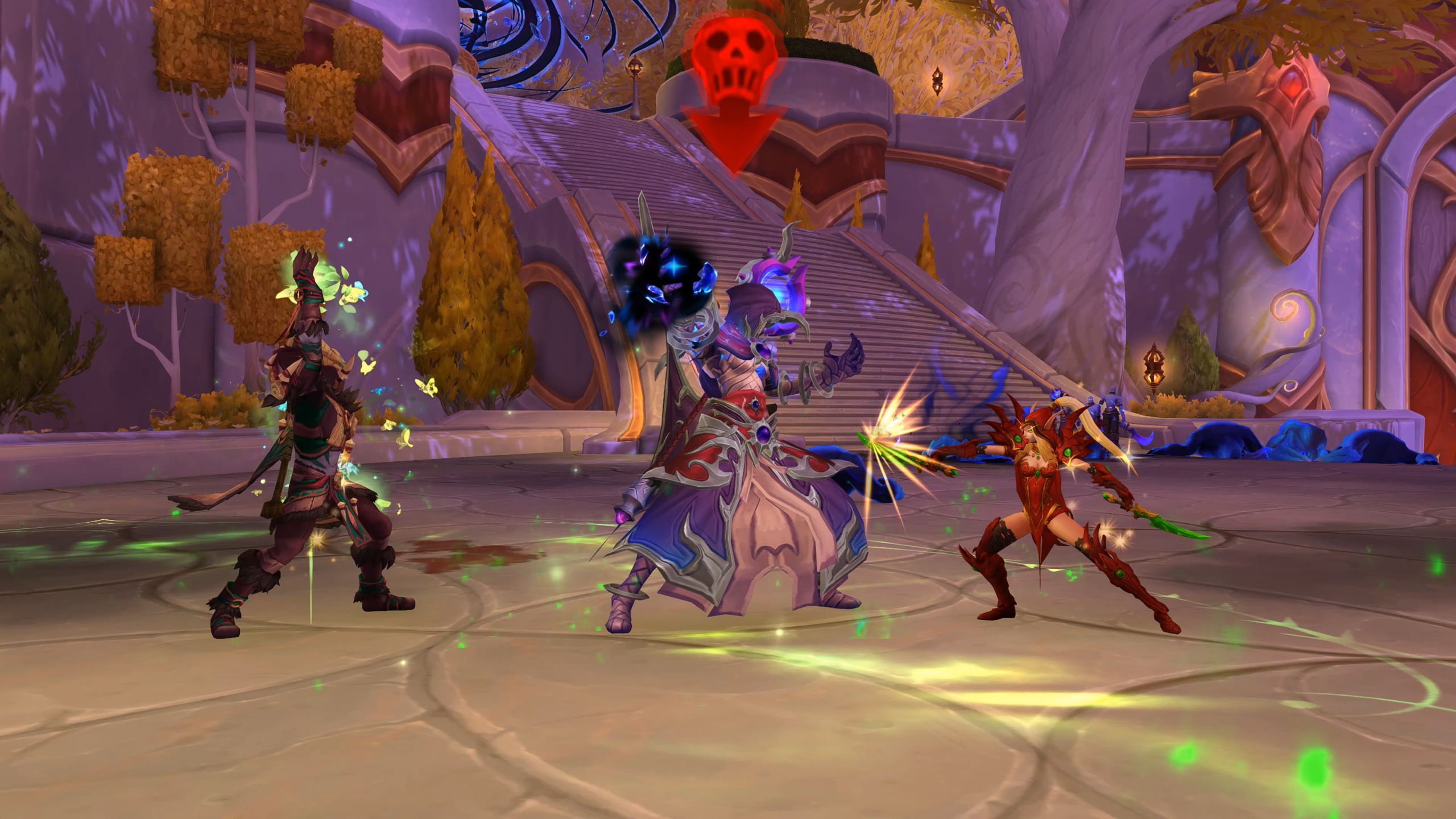 Characters battling beneath red skull icon in a fantasy setting.