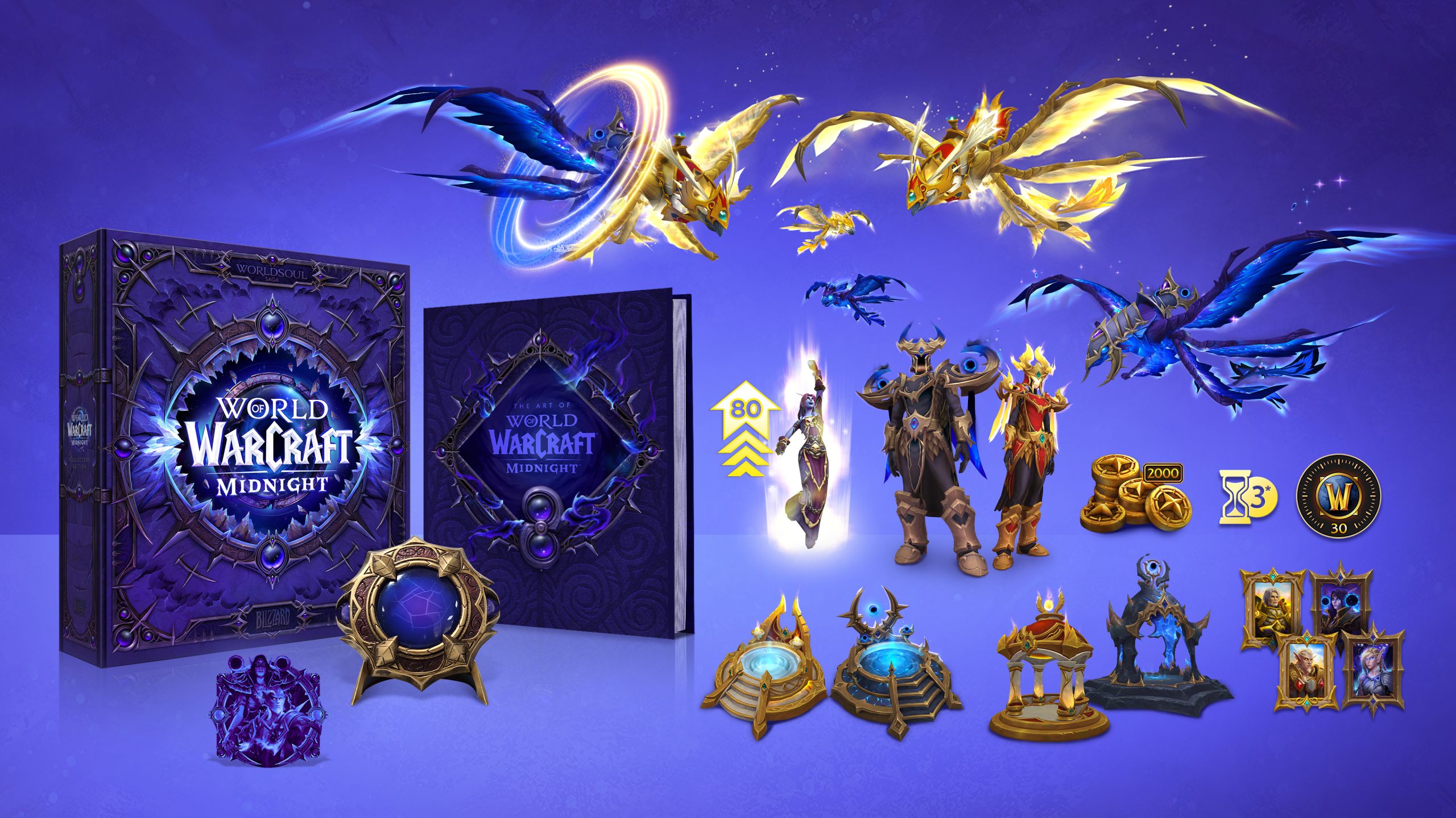 World of Warcraft Midnight collector’s edition box and artwork with character features and in-game rewards on a purple background.