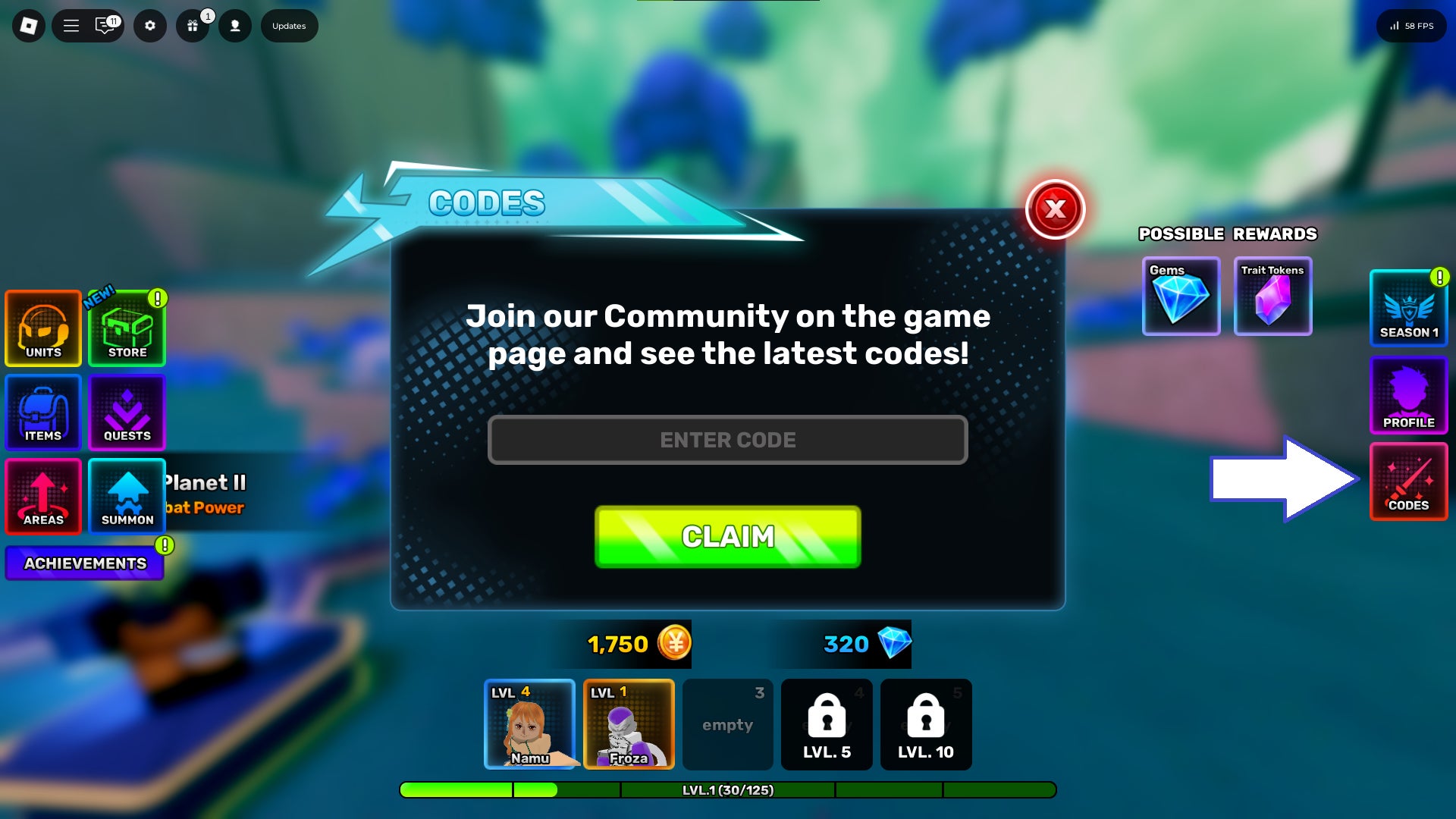 Interface for code redemption in Anime Story