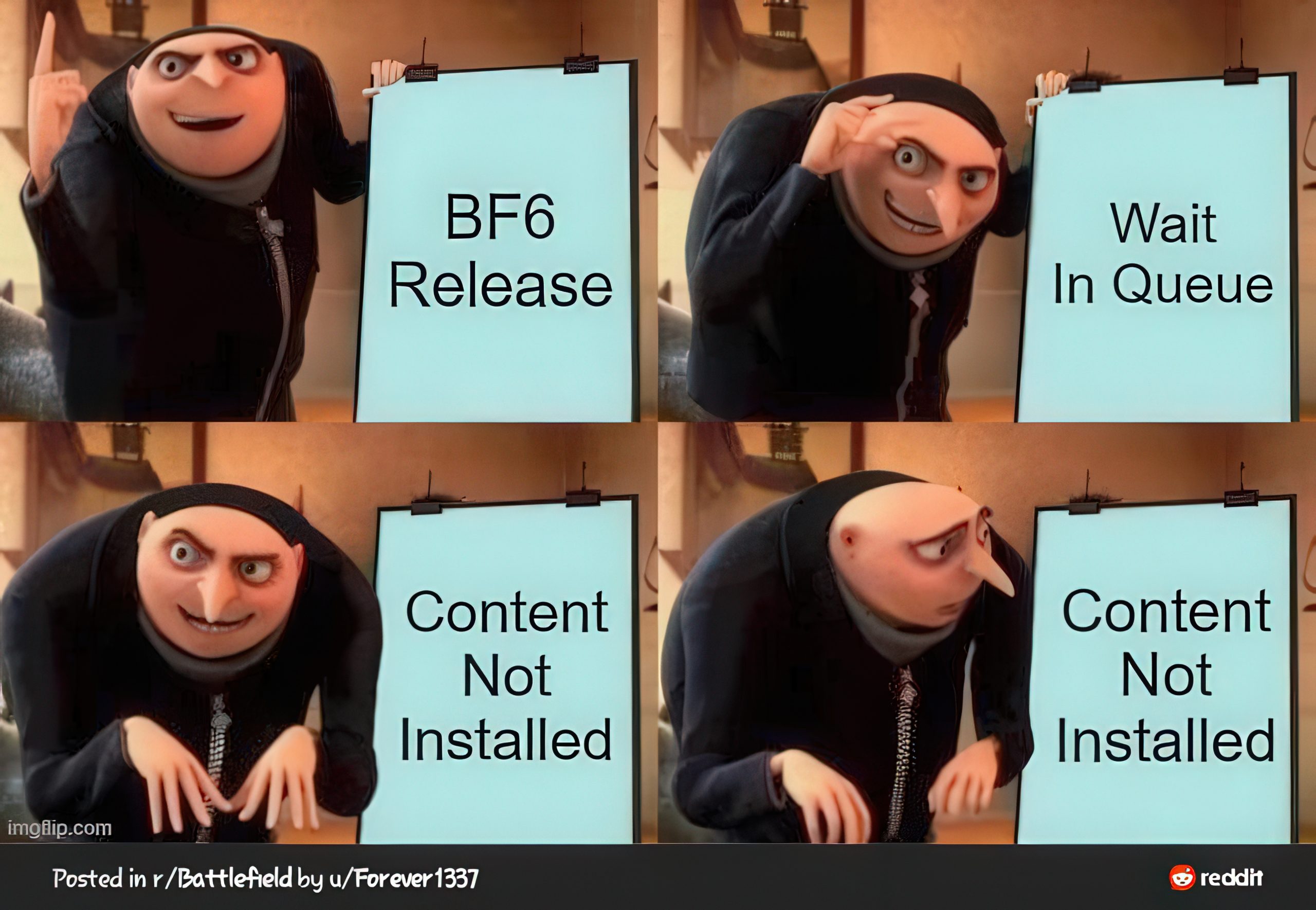 Modified Gru image series humorously depicting BF6 launch issues: queuing, installation errors.