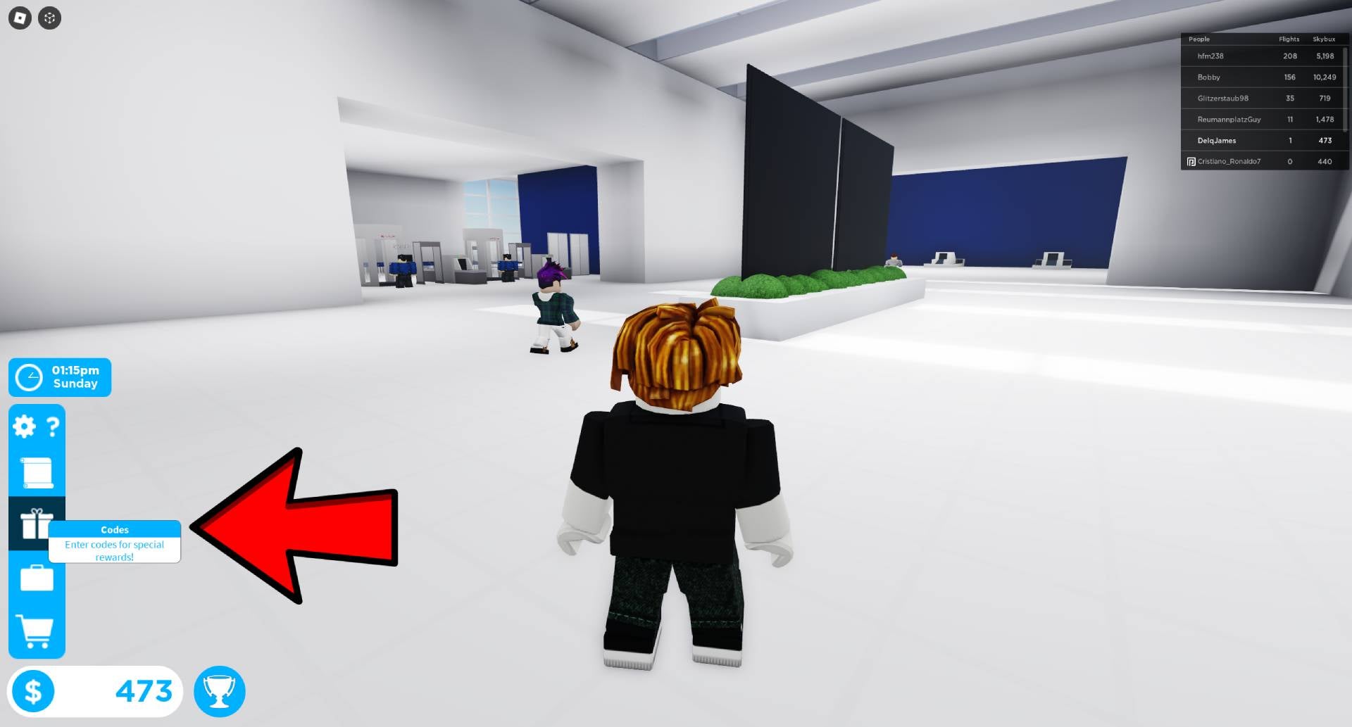 Navigation arrow highlighting the code redemption interface