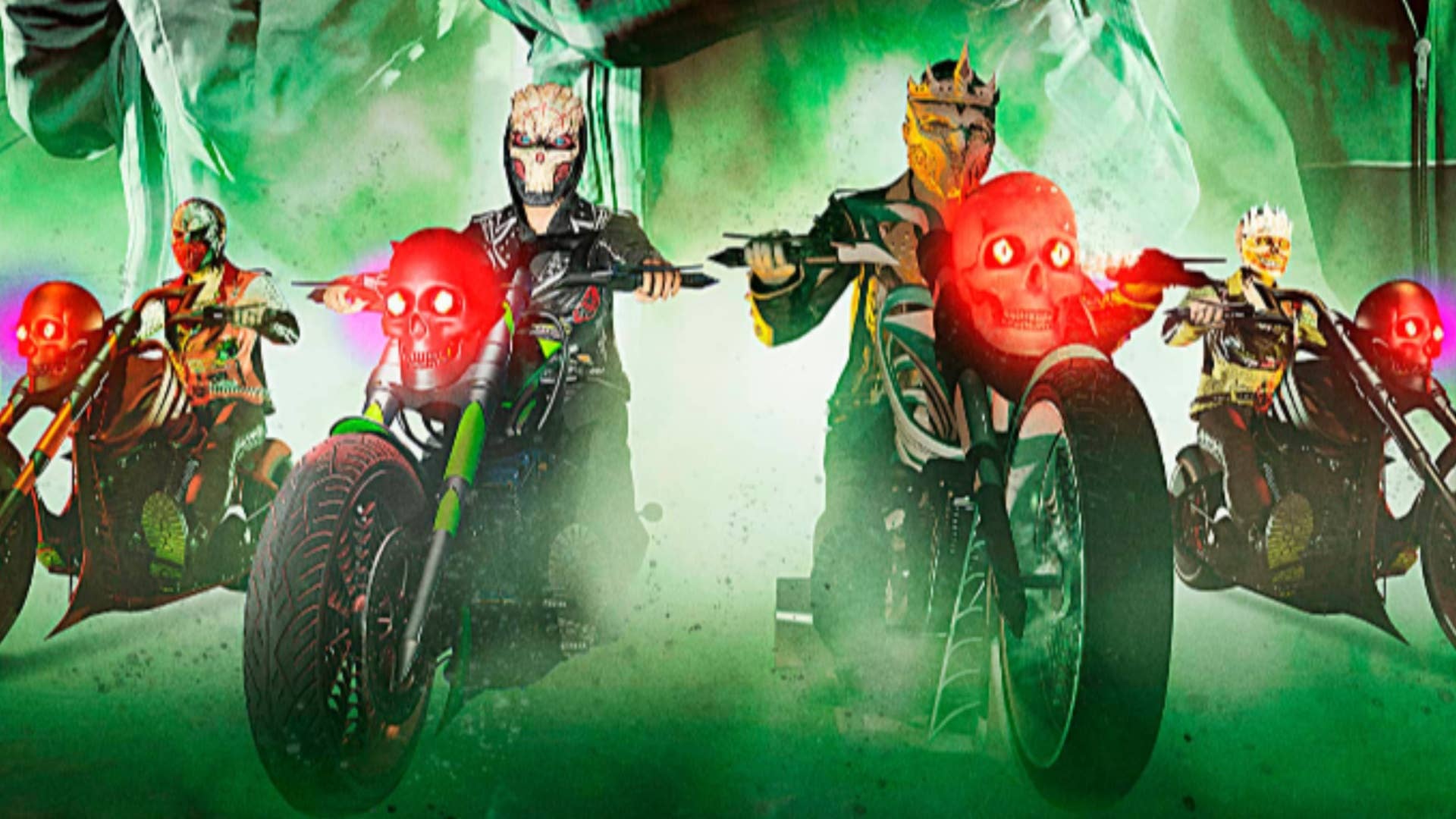 gta online four ghostly bikers on green background