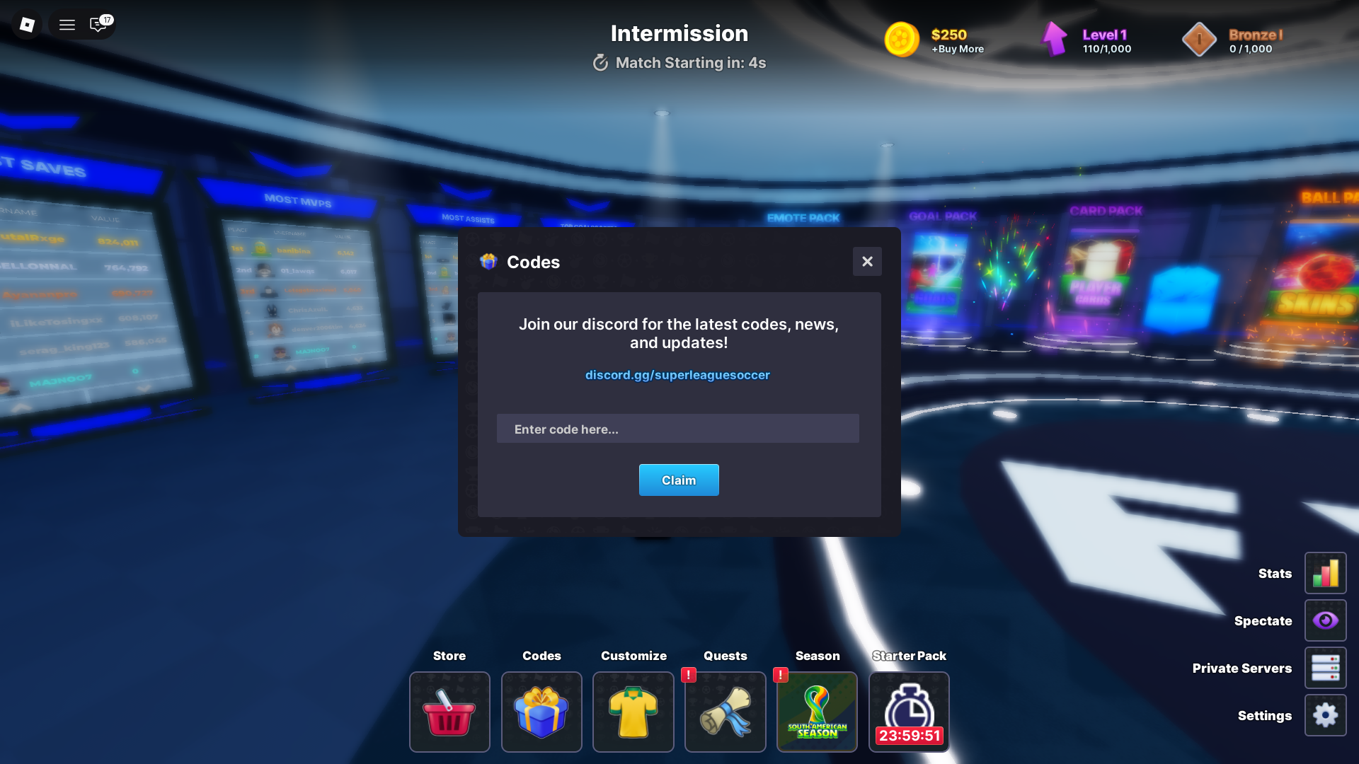 Code redemption interface in Super League Soccer