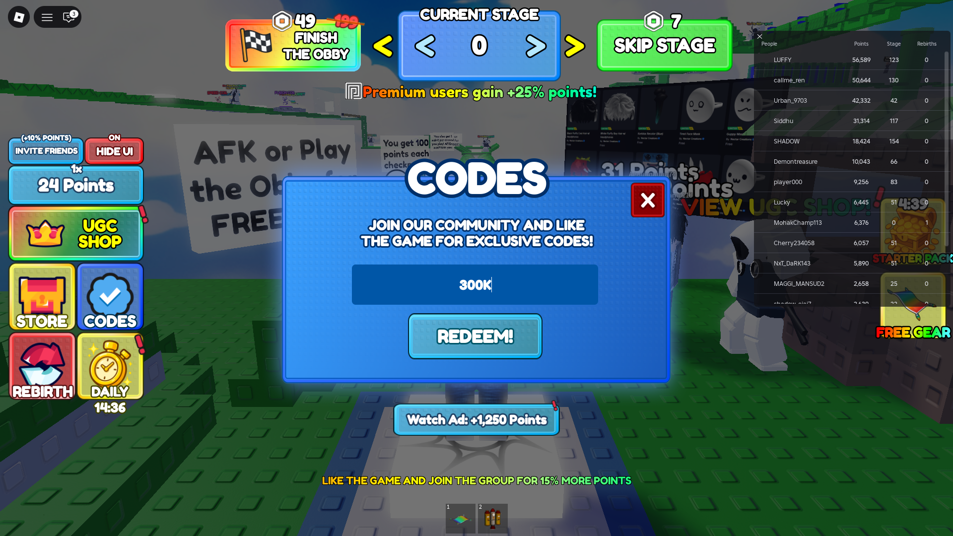 Code redemption interface in Free UGC Obby