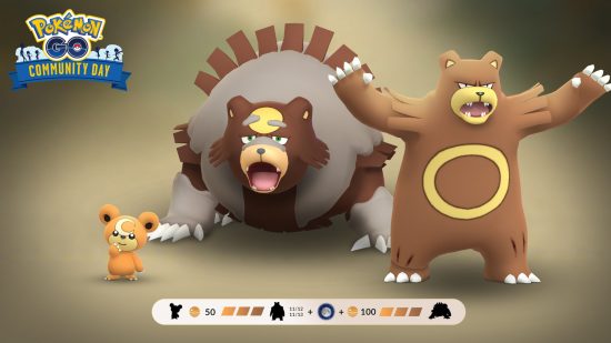 Pokemon Go Ursaluna: Official art of the Teddiursa evolution line in Pokemon Go, showing how to evolve Teddiursa to Ursaring, and Ursaring to Ursaluna.