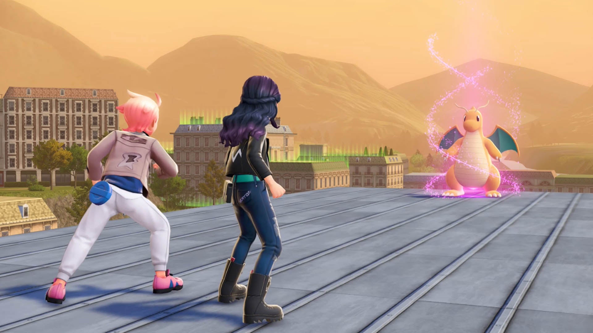 pokemon legends z-a urbain and player facing rogue mega dragonite on roof
