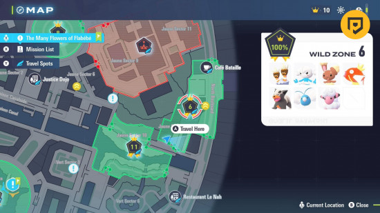 Wild Zone 6 Pokémon ZA guide: the Lumiose City map detailing the Wild Zone 6 location