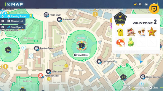 Pokemon Legends ZA Wild Zone 2: a map showing Wild Zone 2 and the Pokemon you can find there