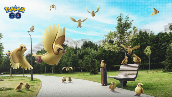 Pokemon Go artwork of many Pidgey's in a park
