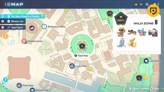 Wild Zone 8 Pokemon ZA: A screenshot of the Lumiose City map with Wild Zone 8 highlighted