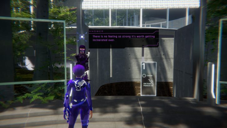 Character in purple outfit facing another character with text reading, There is no feeling so strong it’s worth getting incinerated over.