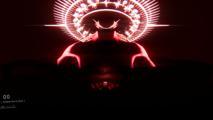 Futuristic red-lit structure with glowing circular pattern above, with Temperature Days and Year :___-___ visible in bottom corner.