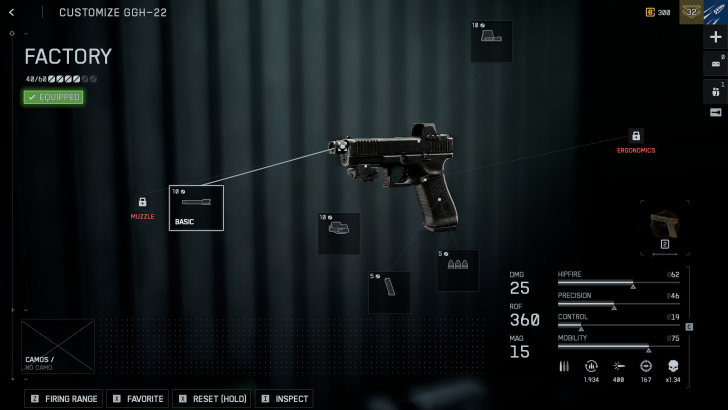 “Customize GGH-22” screen with “Factory” equipped pistol, showing attachments and stats like “DMG 25” and “ROF 360”.
