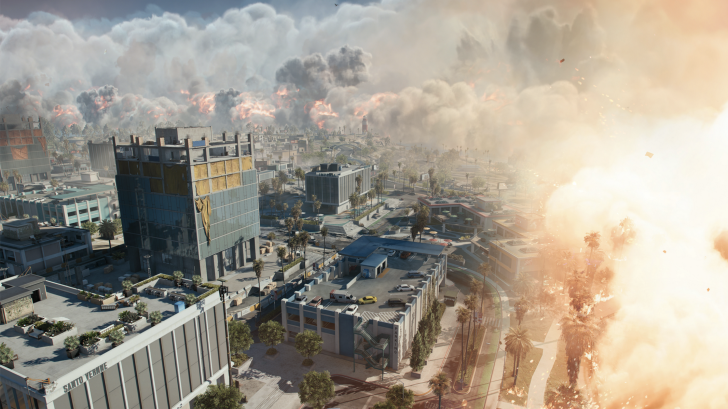 Explosion in a city with SALTO VERDE marked on a building, smoke covers the landscape.