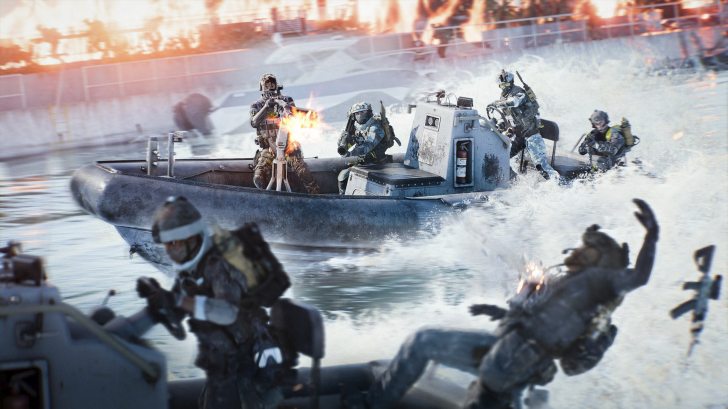 Soldiers in combat gear on a boat engage in a firefight amidst waves, with explosions and fire in the background.