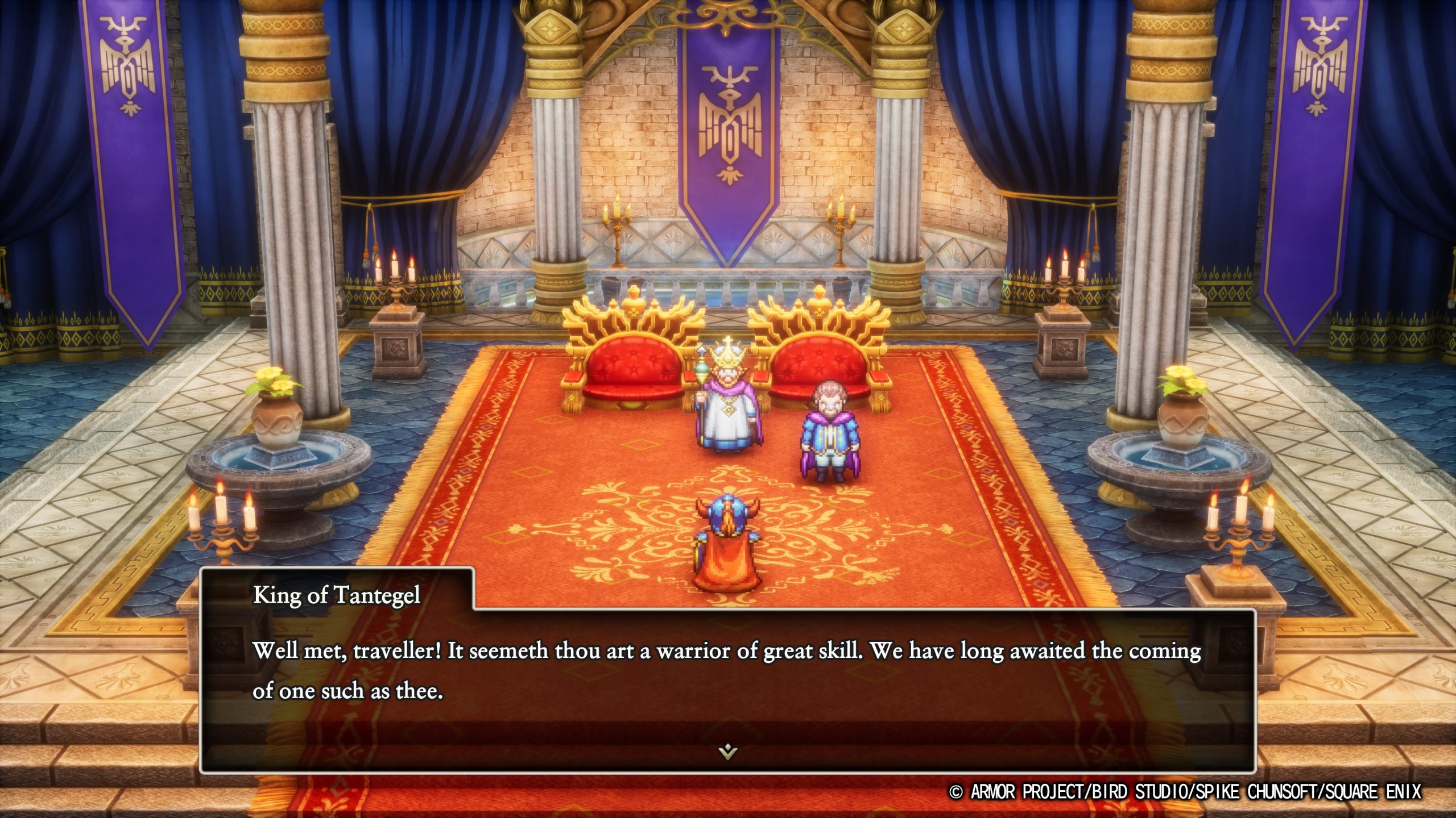 King of Tantegel text dialogue, Well met, traveller!… in a throne room setting by ARMOR PROJECT/BIRD STUDIO/SPIKE CHUNSOFT/SQUARE ENIX.