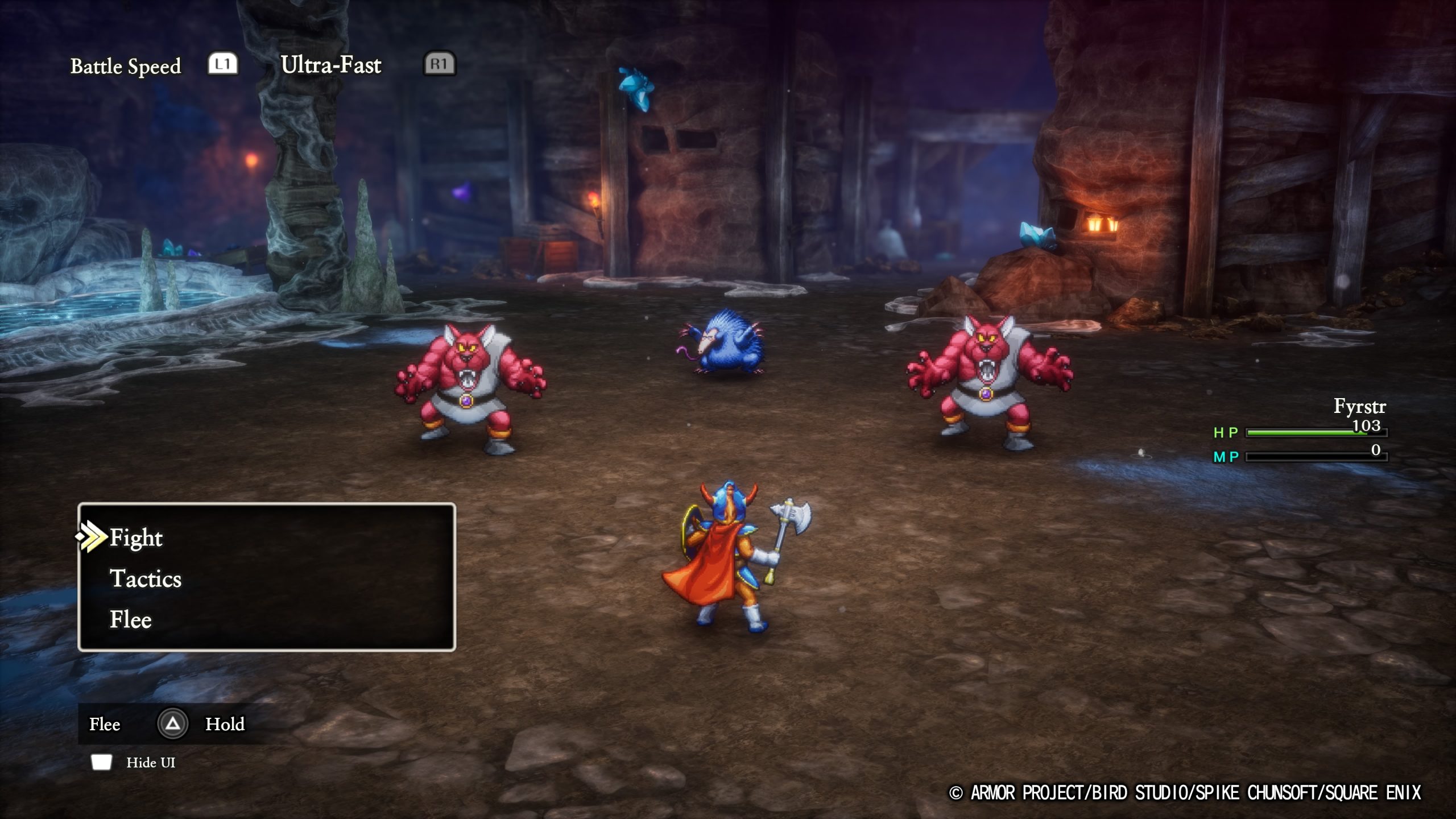 A character in armor faces monsters in a battle menu with Fight option highlighted; text reads Battle Speed Ultra-Fast.