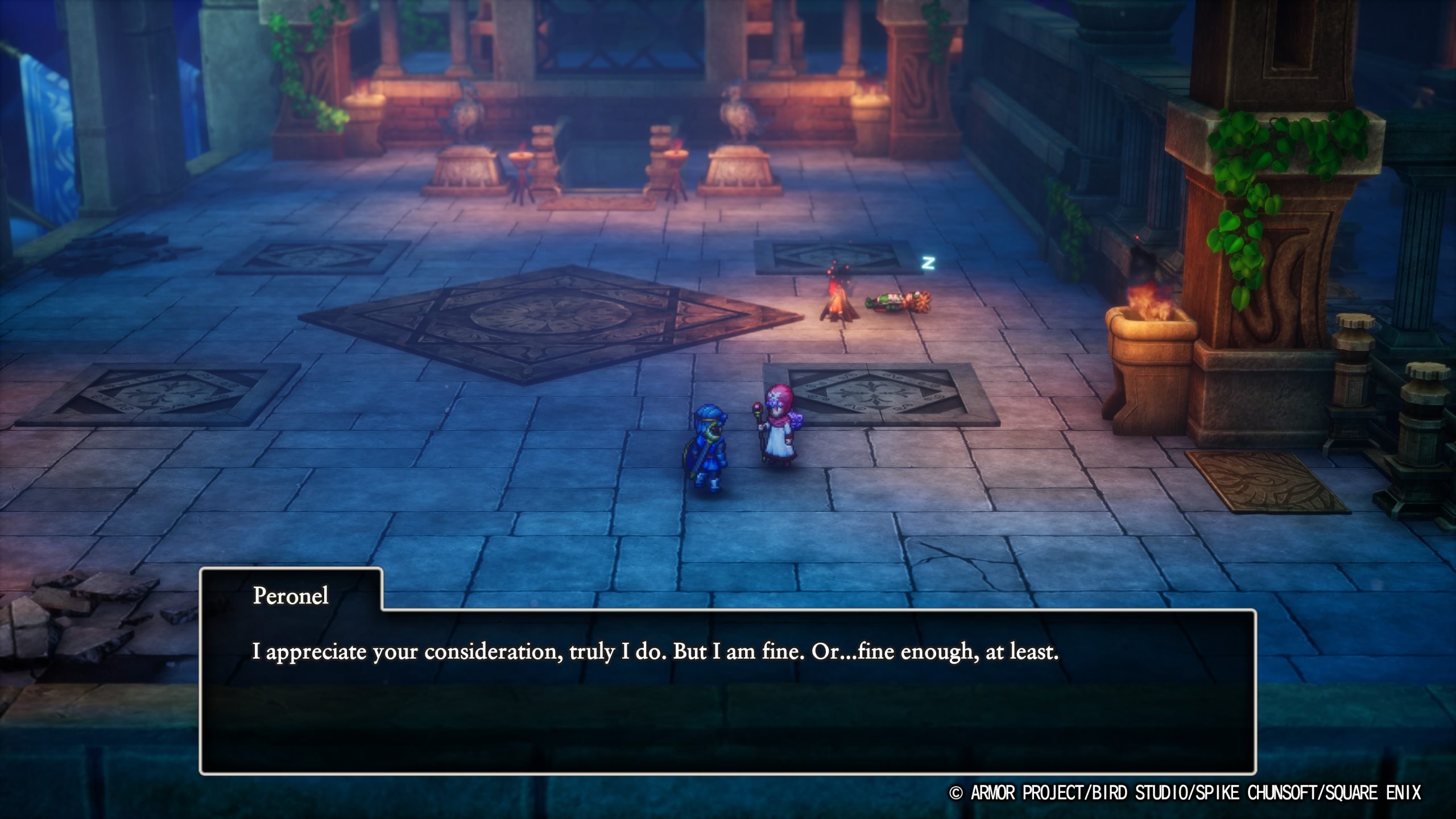 Square Enix game screen with dialogue: “I appreciate your consideration, truly I do. But I am fine. Or…fine enough, at least.