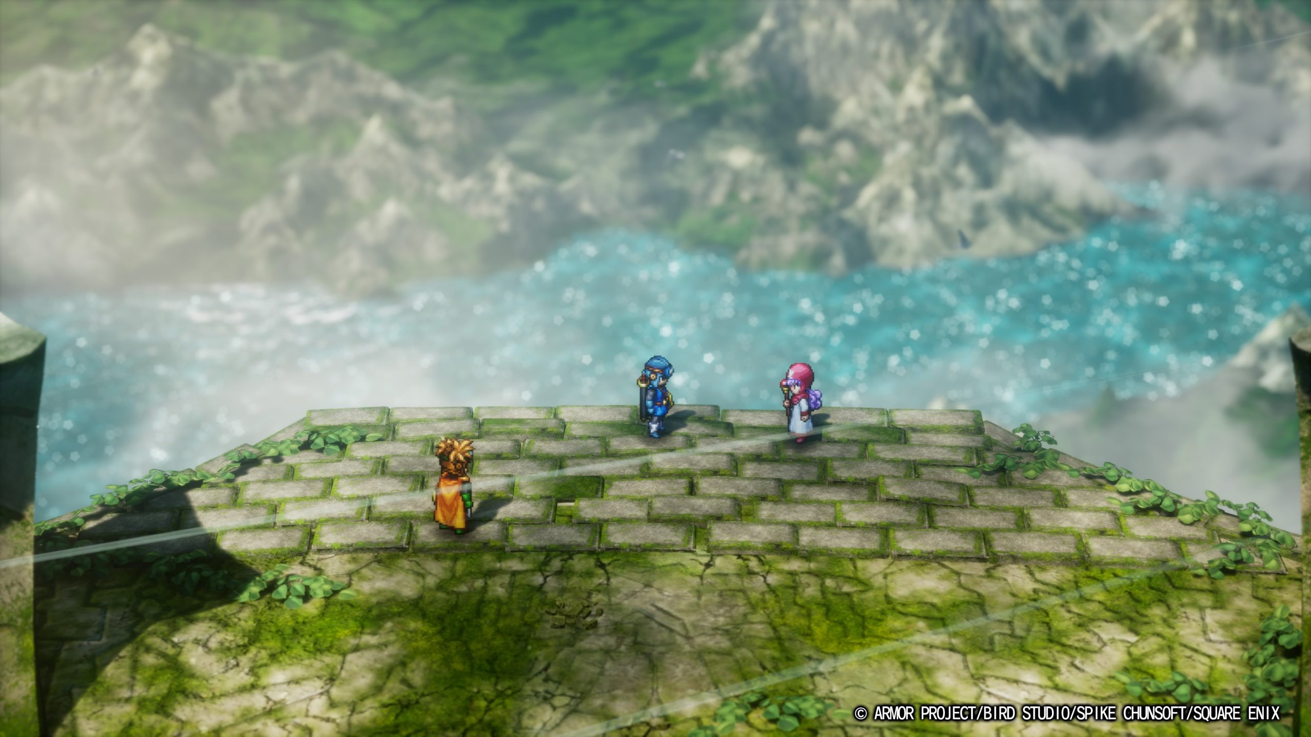 Characters on a stone path with mountains and water in the background, © ARMOR PROJECT/BIRD STUDIO/SPIKE CHUNSOFT/SQUARE ENIX.