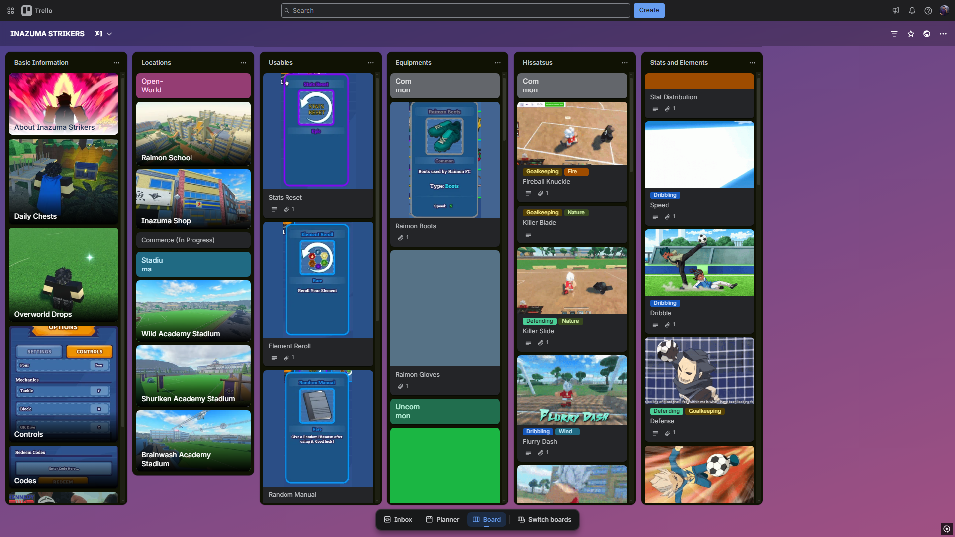 Inazuma Strikers Trello Board (Image via Trello)