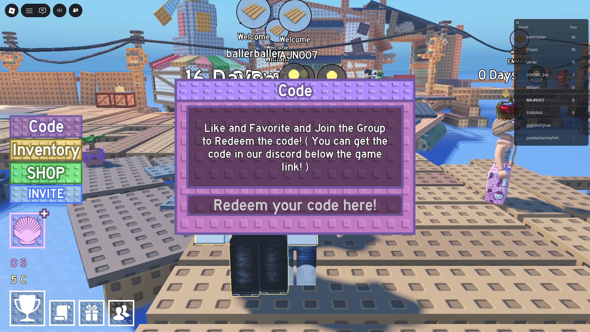 Game interface showing codes section (Image via The Raft Studio)