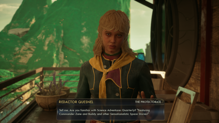 Redactor Quesnel stands on a balcony with mountain vistas behind her, holding a datapad.