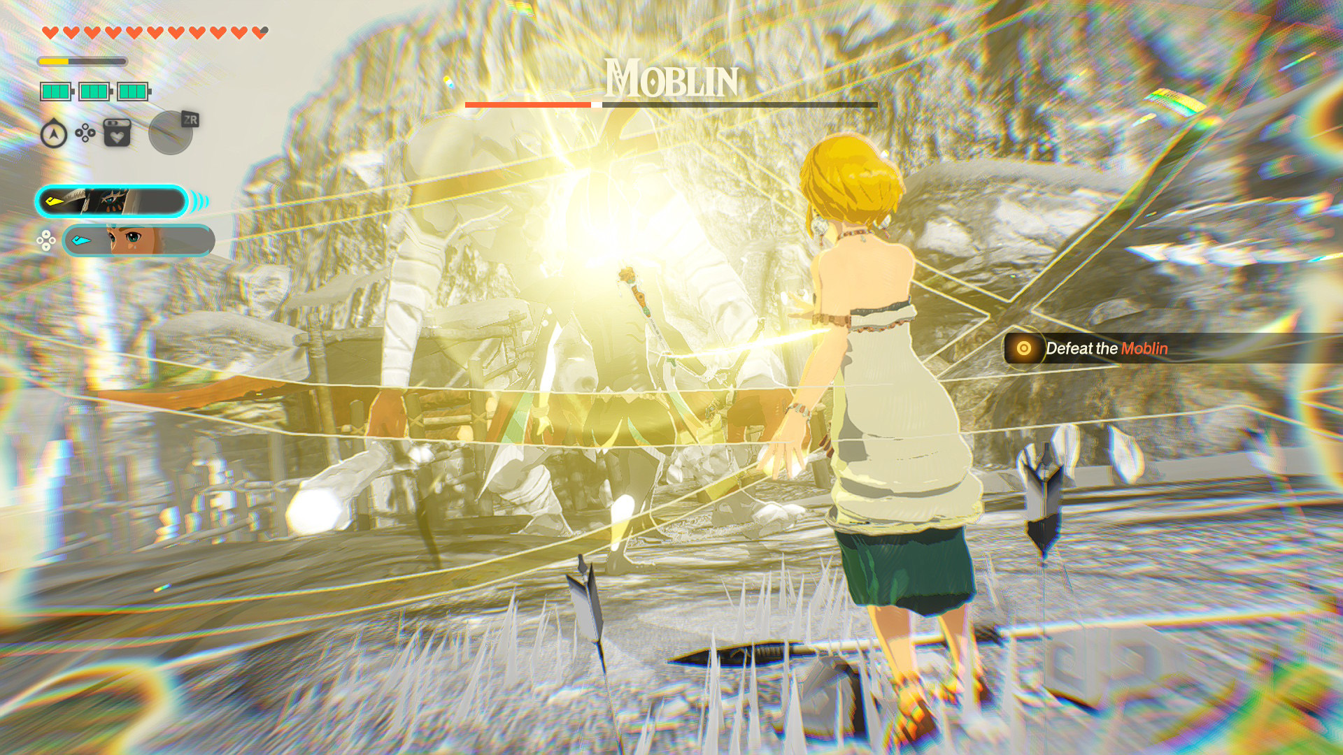 Defeat the Moblin task in action scene from a video game.