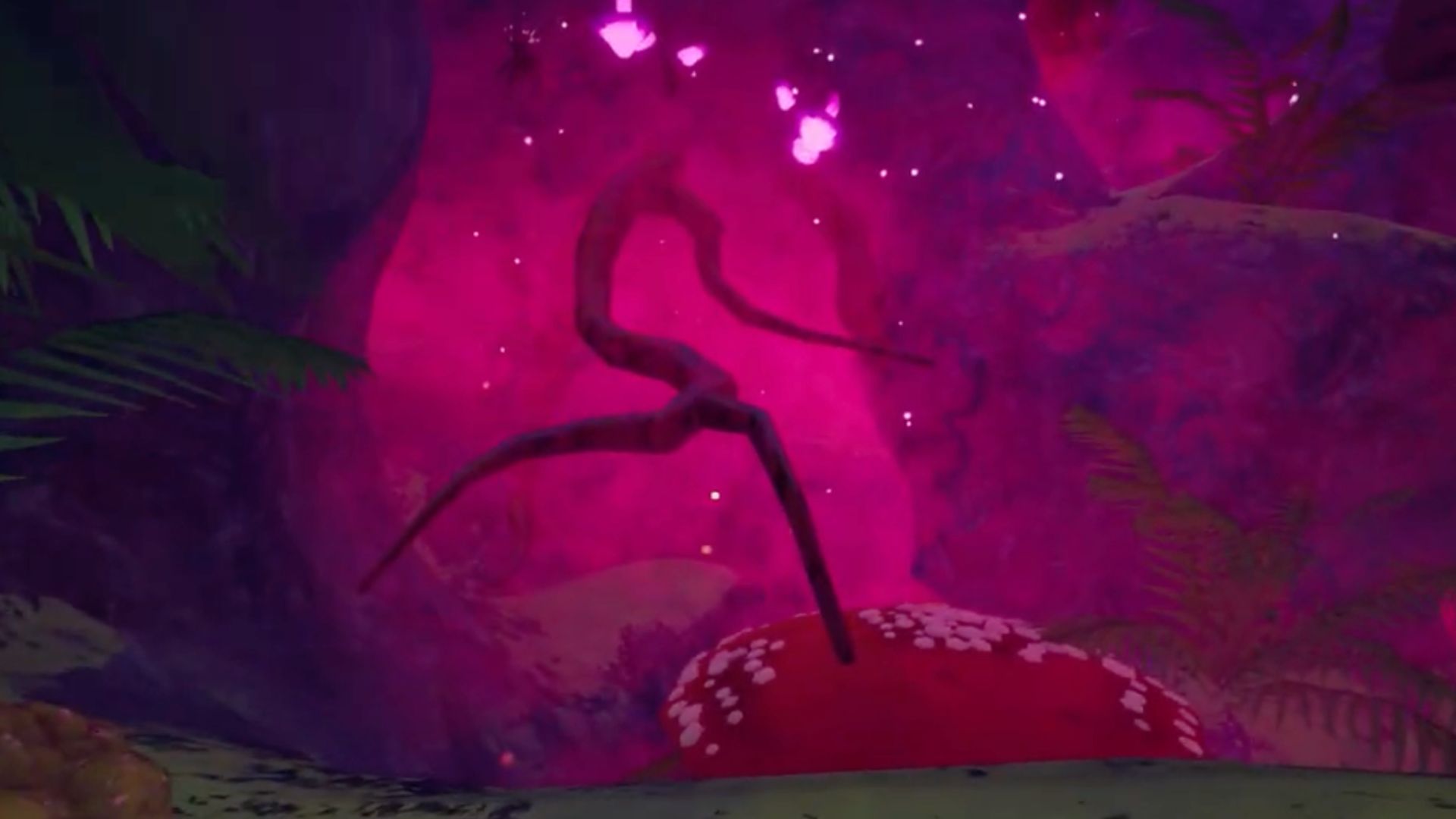 Pink spore clouds signal temporary danger zones; patience is key. (Image via Aggro Crab, Landfall)
